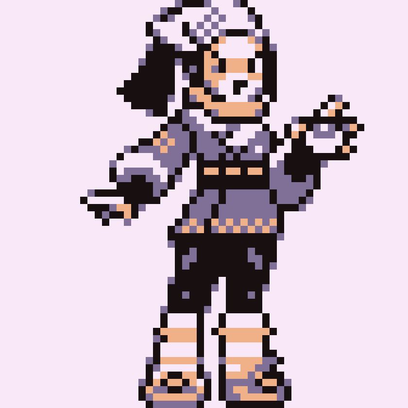Personagem akari de pokemon legends of arceus, Mais um estudo no estilo de pixel art da primeira geração de jogos de pokemon.

Ela esta com o braço direito um pouco erguido e segurando uma pokebola em sua mão enquanto seu braço esquerdo esta na diagonal e sua mão aberta, na arte fiz ela esta dando uma piscadinha.