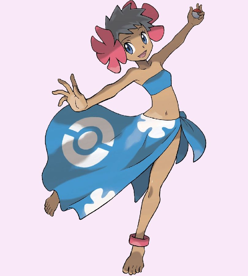Phoebe, personagem de pokemon omega ruby arte original que usei de referencia, Ela esta sorrindo e tem uma flor bem grande em sua orelha esquerda e na direita também, ela esta com os braços aberto enquanto se equilibra apenas com o pé direito no chão numa pose de dança, em sua mão direita ela segura uma pokebola.