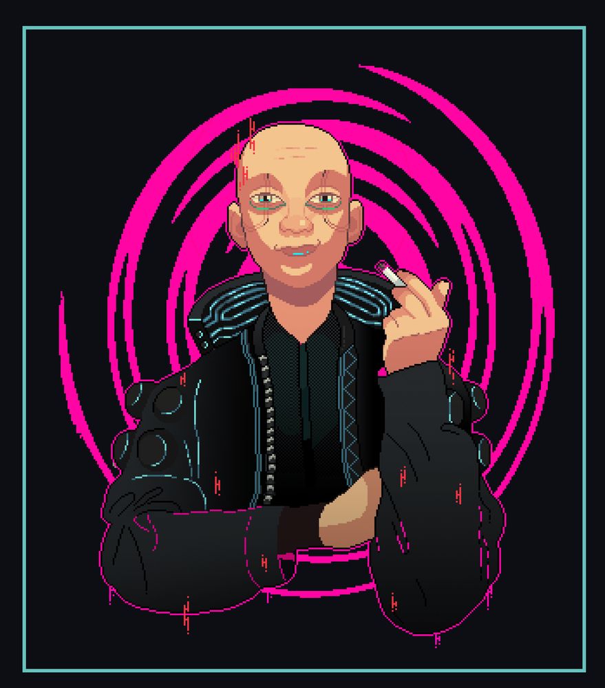 Uma pessoa com roupas futurísticas, ela tem uma reluzente e esbelta careca, ela esta fumando, não fumem.
Tem uma espiral contornando ela! Bem cyberpunk.