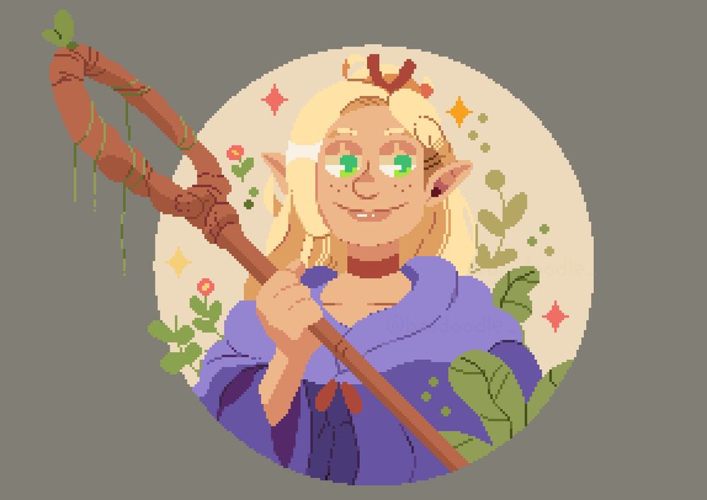 Marcille personagem do mangá Dungeon Meshi!

Ela esta segurando um cajado com a mão direita e ao redor da personagem desenhei algumas plantinhas e loquei algumas estrelas também!

Na parte da 'cabeça' do cajado tem alguns pequenos ramos de planta o contornando.