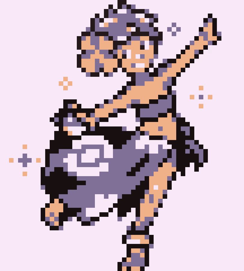 Phoebe, personagem de pokemon omega ruby seguindo o estilo de pixel art da primeira geração de pokemon, Ela esta sorrindo e tem uma flor bem grande em sua orelha esquerda, ela esta com os braços aberto enquanto se equilibra apenas com o pé direito no chão numa pose de dança, em sua mão esquerda ela segura uma pokebola.