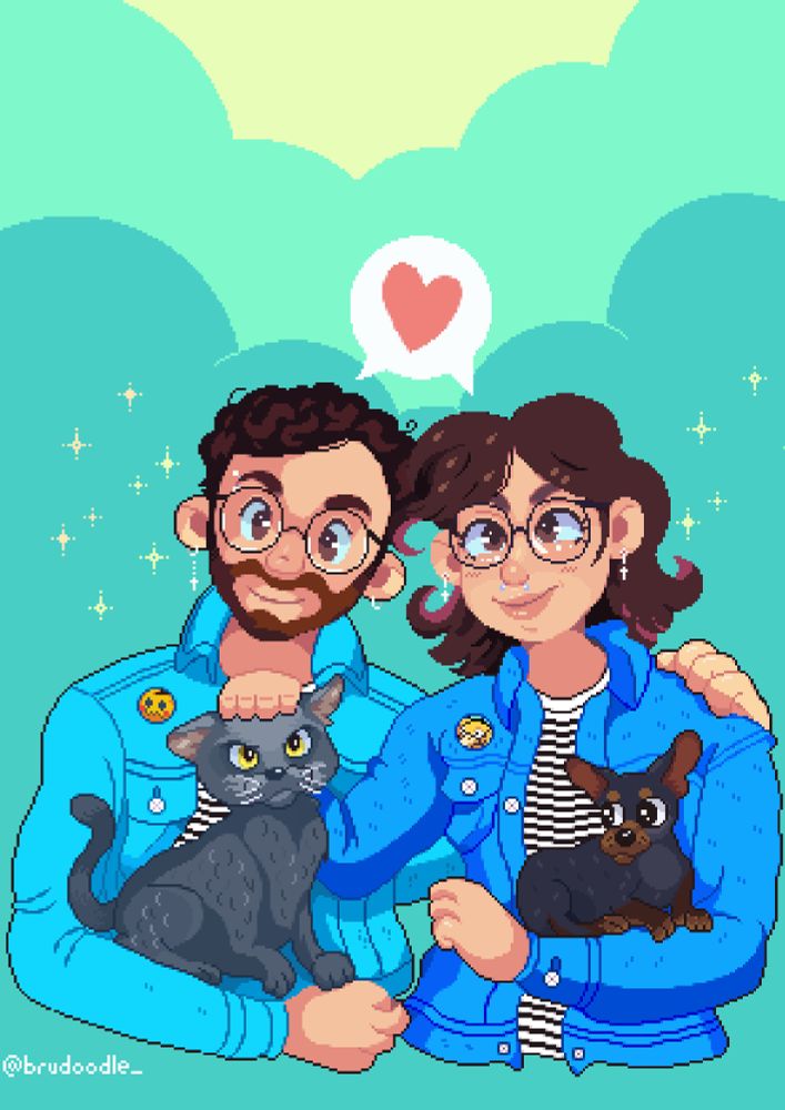 Um casal, um rapaz na esquerda e uma moça na direita ambos estão abraçados, o rapaz esta segurando um gatinho enquanto a moça segura um cachorro pequeno da raça pischer.