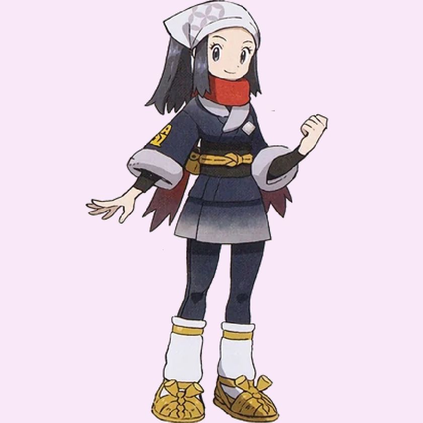 Personagem akari de pokemon, na pose original ela esta com o braço direito um pouco erguido e com sua mão fechada, enquanto o braço esquerdo esta na diagonal e sua mão aberta.