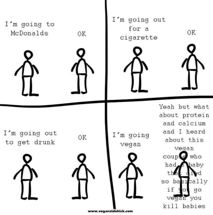 Cartoon showing a person announcing they are going to McDonald's, out for a cigarette, and going to get drunk, with the other person just responding "OK." 

Person then announces: "I'm going vegan", while the other person responds: "Yeah but what about protein and calcium and I heard about this vegan couple who had a baby that died so basically if you go vegan you kill babies."