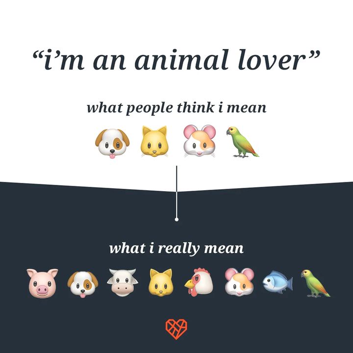 "I'm an animal lover" 
what people think I mean: dog, cat, mouse, parrot
what I really mean: pig, dog, cow, cat, chicken, mouse, fish parrot