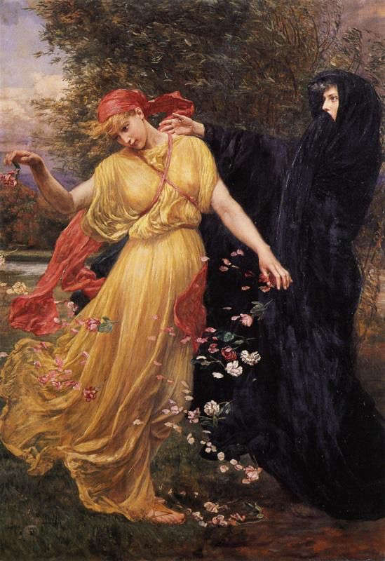 at the first touch of winter, spring fades away by valentine cameron prinsep, which shows persephone in a flowing yellow dress and her blonde hair wrapped with a scarf, dropping flower petals as hades, fully cloaked in black except for his face, stands behind her and reaches out one hand as if he’s about to grab her
