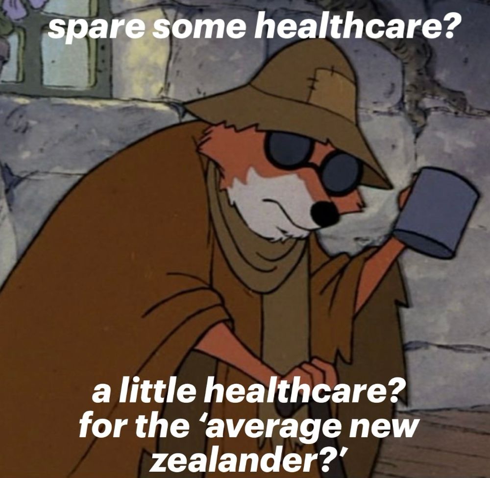 cartoon robin hood dressed as a beggar holding a cane in one hand & a raised tin cup in the other hand.

the top text reads: spare some healthcare?
the bottom text reads: a little healthcare? for the ‘average new zealandia?’