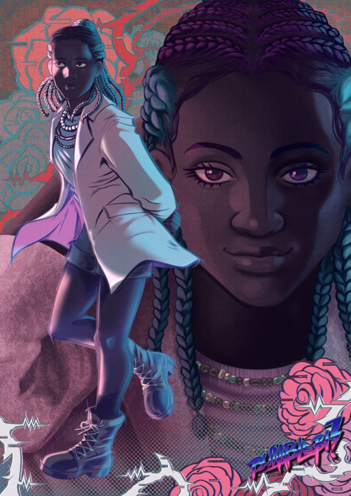 A digital illustration of the character Orela Rose from the video game Dead by Daylight. The illustration features two images of Orela. 
In the background, a large depiction of Orela from the shoulders up has been digitally painted. She is facing forward, with her right arm raised to her head. Her right hand rests behind her head, as though she were stretching, or fixing her hair. Orela is smiling and directly looking at the viewer. Soft pink lighting illuminates the right side of her face, and slightly more intense light blue light illuminates the left. 
In the foreground, a full body illustration of Orela occupies the left half of the page. This illustration's style is more comparable to that of a comic book, and is outlined, unlike the previous. She is facing the left side of the page, and the position of her legs suggests she is actively walking. Her arms are folding behind her back, and she looks to her right with a contemplative expression. Her jacket and hair swing with the motion of her body. Intense, pale pink light illuminates the front of her body. A slightly less intense pale blue light illuminates the back of her body. 
In both illustrations, Orela is wearing her default cosmetic. At the bottom of the page, there is a gradient of blue halftone overlaid on top of the illustration. Atop this halftone are stylised pink roses and white thorny vines. They are drawn glitching, as though they are holograms. The thorns of the vine extend into the jagged shape of a pulse on a heart beat monitor. Behind the headshot of Orela in the back, there are more of these roses and thorns. However, these roses are more red, the vines are red, and the line work is light blue. 
The entire illustration is overlaid with warm pinks and cool blues.
The artist's signature, "BUMBLEBI!" is written in a blue and pink gradient, in the bottom right corner of the page.