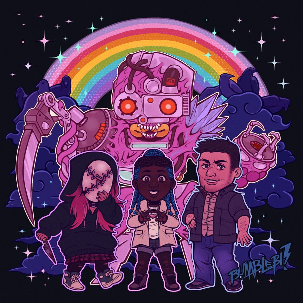 A digital illustration of four characters from the video game Dead by Daylight. At the front, from left to right, the characters appear as follows: Susie Lavoie of "The Legion," Orela Rose, and David King. Behind them stands HUX-A7-13, otherwise known as "The Singularity."

All four characters are drawn in a cartoonish style and coloured with bright, saturated colours. They are also all drawn facing forward. 

Susie lifts her left hand up to her mask, as though she were covering her mouth while laughing. In her right hand, she holds a makeshift knife. Orela's hands are raised up in front of her chest. She forms the shape of a heart with her fingers. In the open space between them is a tiny heart coloured in the light blue, pink, and white of the transgender pride flag. David stands with his right hand on his hip, while his left hangs at his side. He and Orela are both smiling.

Hux's arms are held up at either side of his body. His intense stare is trained on the viewer. Although it is not possible for him to smile, his mouth is stylised in such a way that he almost looks to be smiling. Albeit rather creepily.

Behind Hux are many stylised clouds of black fog. Next to either of Hux's shoulders, there are crows perched atop the clouds of black fog. A rainbow connects these clouds with its arch. This rainbow is coloured like Gilbert Baker's 2017 version of his gay pride flag. This version's colours appear as follows: lavender, pink, red, orange, yellow, green, turquoise, indigo, violent. A light halftone is overlaid atop the rainbow to give it a more cartoonish appearance.

Overtop the rainbow and clouds are several diamond-shaped sparkles coloured in various shades of pastel pink, cyan, and lavender. Behind the sparkles, rainbow, clouds, and characters is a background of solid black.

The artist's signature, "BUMBLEBI!" is written in a dark greyish-blue, in the bottom right corner of the illustration. 