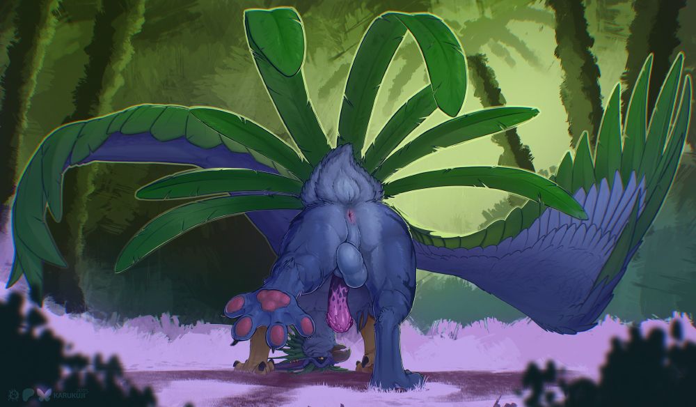 Male feral blue and green gryphon among the simplified jungle shows off his exposed rear part with visible genitalia.