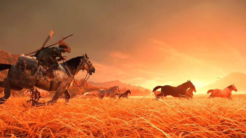 Screenshot from Ghost of Yotei: a woman in a wide-brimmed straw hat rides a grey horse across a golden plain among a herd of wild horses 