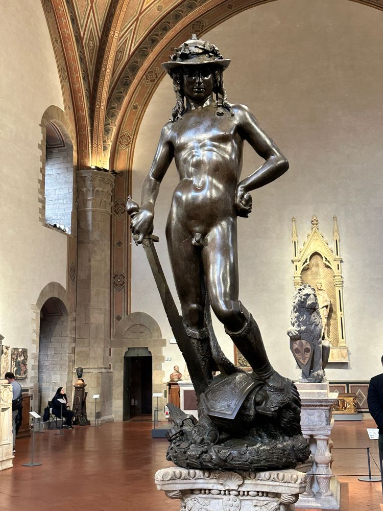Donatello’s bronze David, the first life-size freestanding nude bronze statue ever made since classical antiquity 