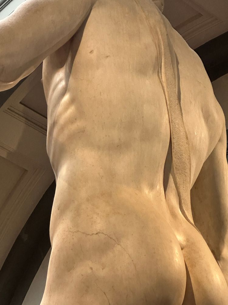 A closeup of the back of Michelangelo’s David, seen from below 