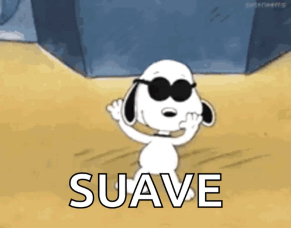 a cartoon of snoopy wearing sunglasses with the word suave behind him