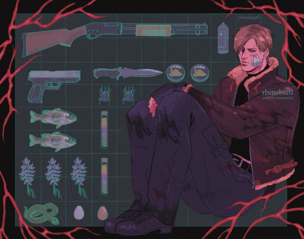 Leon Kennedy from Resident Evil 4, sitting with his knees to his chest. In the background is his game inventory, which includes guns, a knife, multiple healing items, eggs, fish, and a snake. Red veins bracket each corner. 