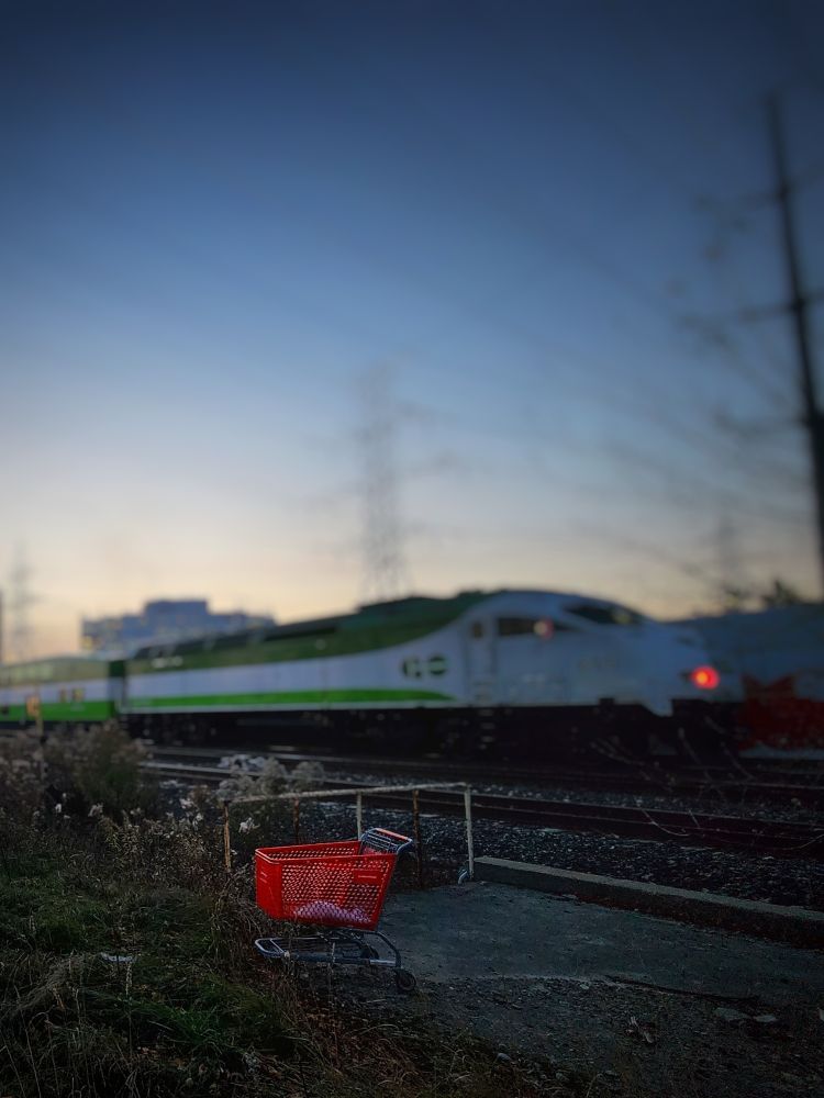 A Milton bound GO Train passes an empty red shopping cart as it enters Kipling Station in Toronto 