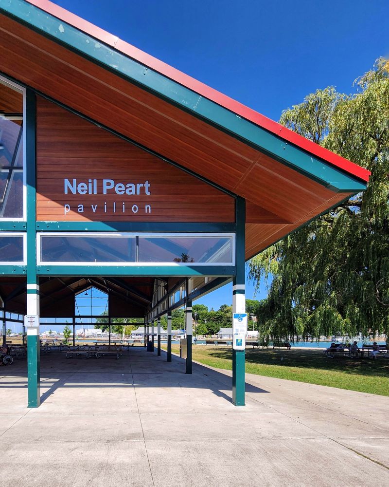 The Neil Peart Glorified Picnic Shelter, I mean PAVILION, beside a willow tree at Lakeside Park in St. Catharines Ontario 