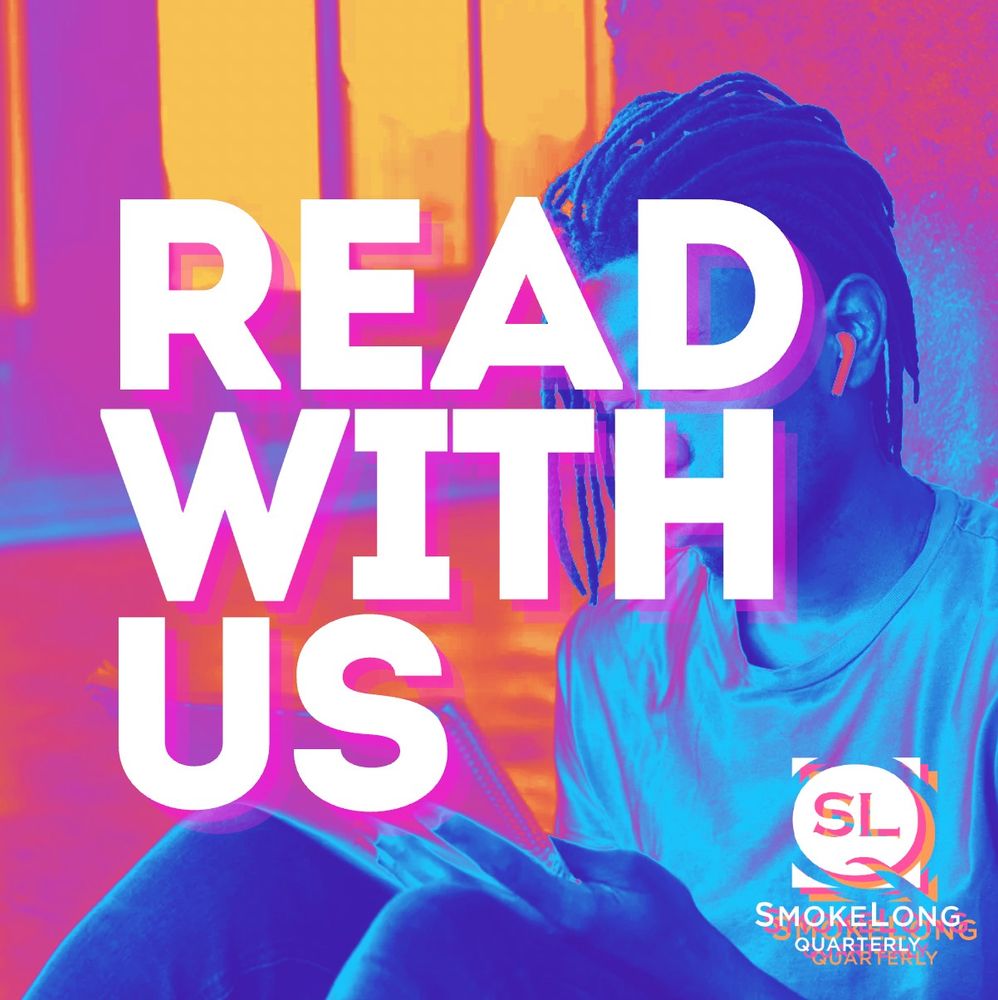 Person sitting leaning against a wall, reading a manuscript. White 3-D text overlay with sides colored in shades of pink and purple: Read with us. White 3-D SLQ logo with sides colored in pink and orange shades.