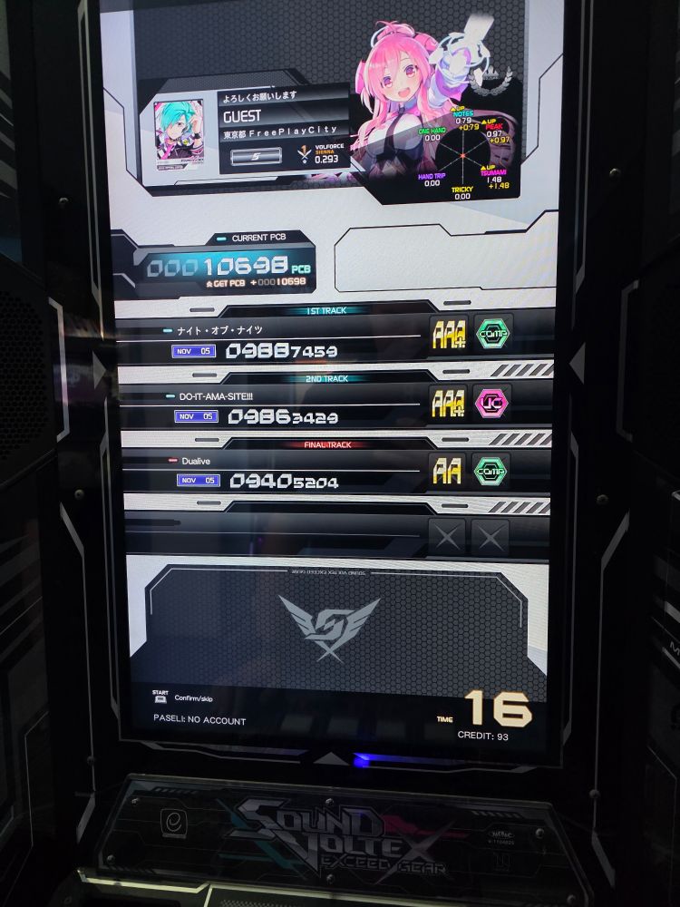Picture of a Sound Voltex Exceed Gear cab. Ok the novice difficulty I scored AAA+, AAA+ UC, and AA in three songs.