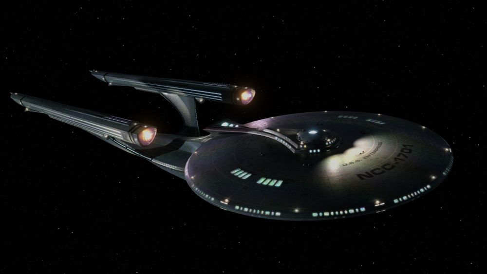 A dramatically lit exterior shot of a spaceship inspired by the U.S.S. Enterprise from Star Trek, with a sort of whimsical, art deco feel.