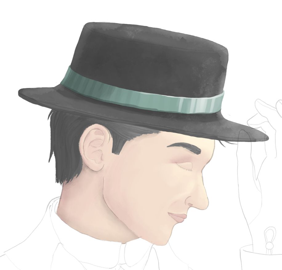 Partially finished illustration of a man wearing an old fashioned hat