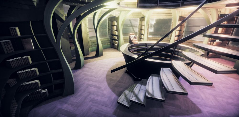 A screenshot from Tinselfly showing the interior of a cozy bookstore with curvy bookshelves attached to tree-like columns, a spiral staircase and a circular checkout counter with an old fashioned cash register sitting on top.
