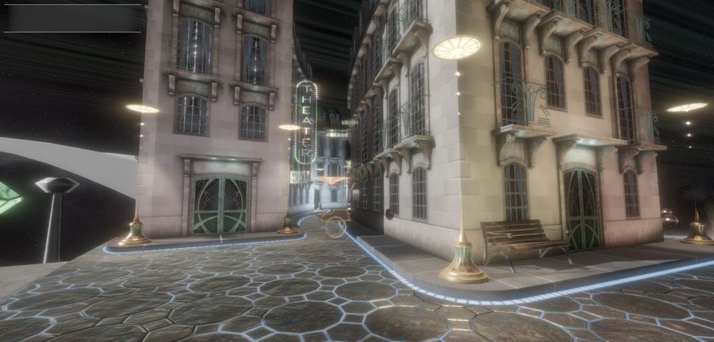 A screenshot of Tinselfly showing a city street that is a mix of early 20th century Paris and various science fiction elements such as glowing sidewalks and streetlamps with pieces that float in mid air.