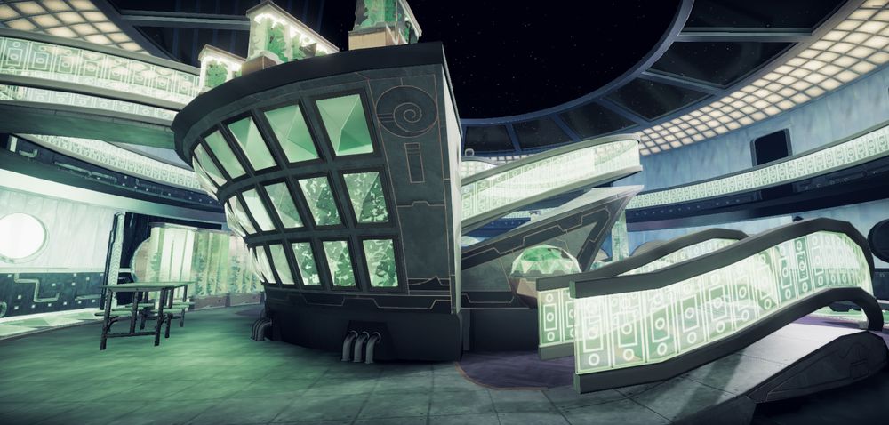 A screenshot from Tinselfly showing an aeroponics bay washed in a soft green light.