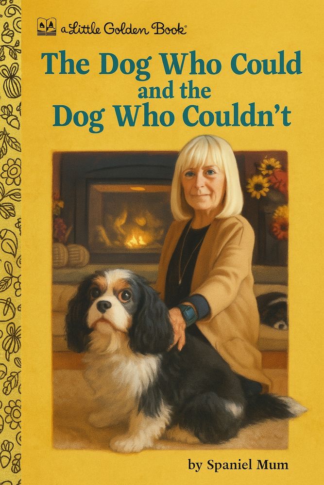 A Little golden book titled the dog who could and the dog who couldn't showing spaniel mum petting one bright-eyed dog with another dog sleeping it Off behind her