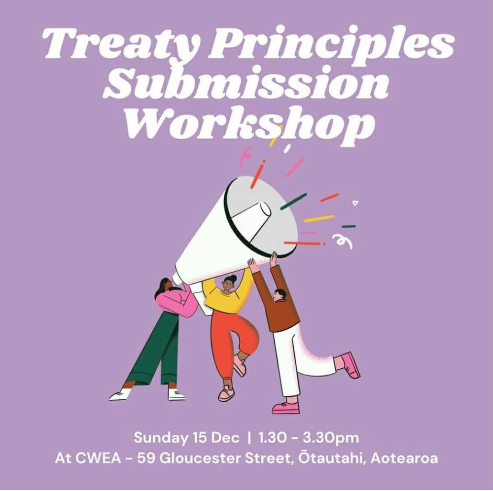 Treaty Principles Submissions workshop poster. Details as per text. 
Image is of three cartoon style people holding a megaphone on a lilac background. 