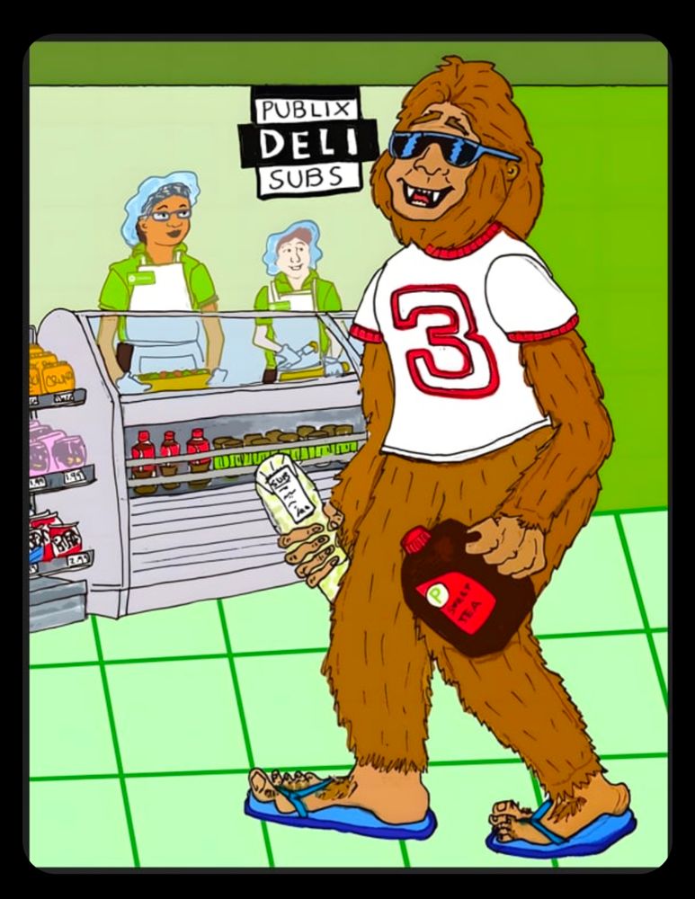 Skunk Ape Sighting:

Description: a skunk ape (Florida Big Foot) at the Publix Deli in a Dale Earnhardt shirt and blue flip flops with a Pub Sub and a gallon of Sweet Tea as two Publix Deli employees look on with friendly Publix smiles. 
