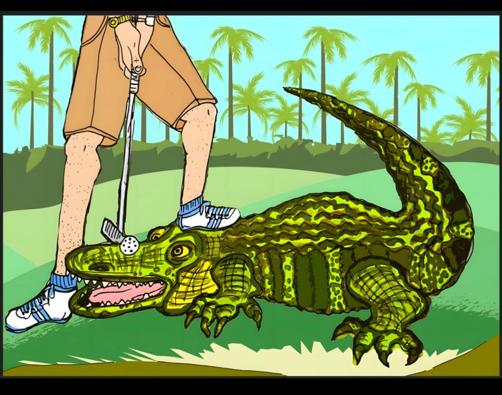 Playing Through the Rough 

Description: a golfer is teeing up with a pitching wedge to play a ball off an Alligator's mouth. The gator stares cross-eyed at the ball in complete disbelief. He will probably eat the golfer. 