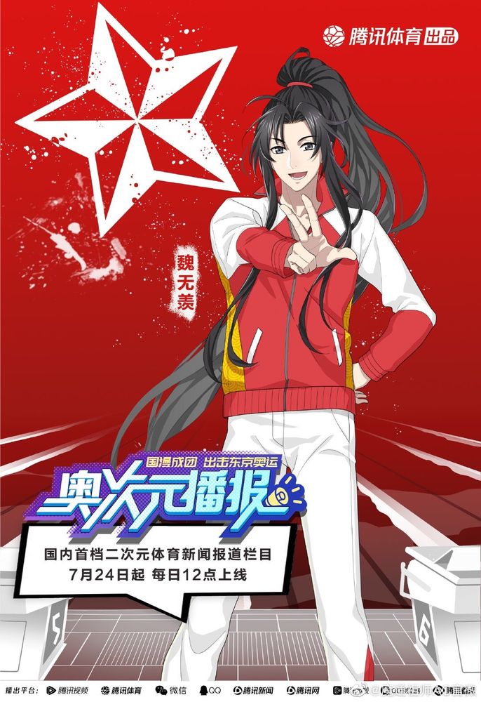 Wei Wuxian pictured in Olympic gear in front of swim lanes.