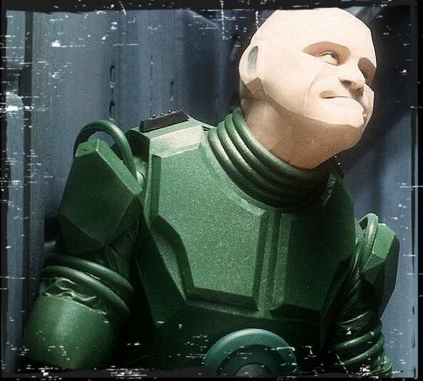 A screen grab of the mechanoid "Able" from the Red Dwarf series 7 episode "Beyond a Joke".