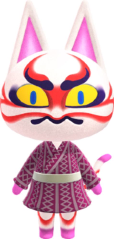 kabuki, a white cat in a kimono with red markings resembling a kabuki mask