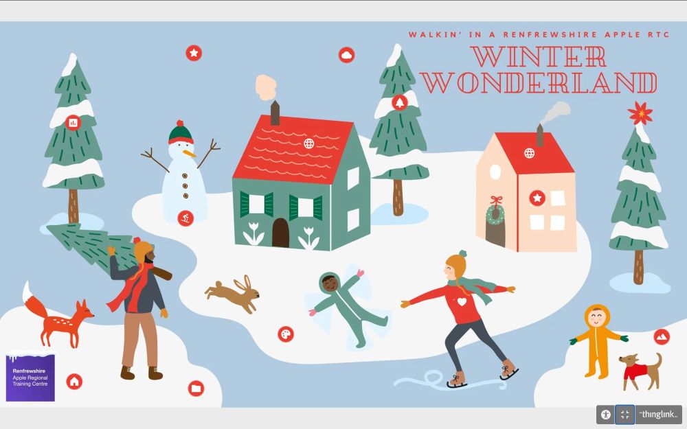 A winter wonderland sketch graphic of people skating, making snow angels, snow topped trees, woodland animals, a snowman and some wintery looking houses. This is a screen shot of the interactive ThingLink linked in the post.