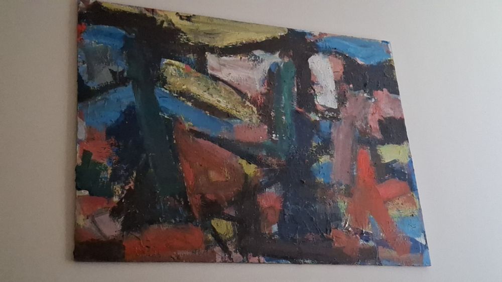 Colourful oil painting by Tom Robinson, with red and blue gestural marks.