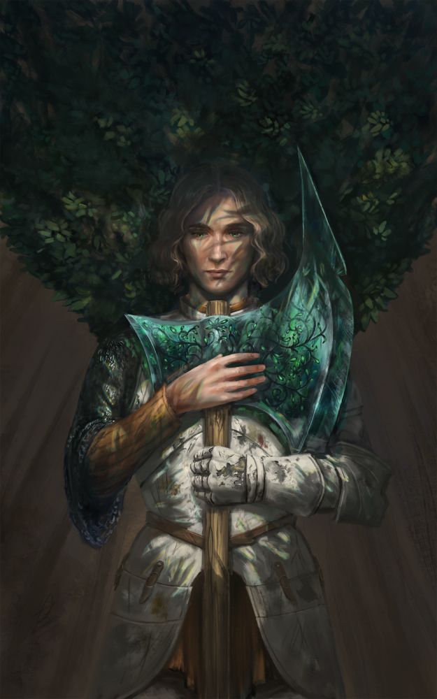 An androgynous figure stands in partial shadow wearing white armour and holding a green axe that looks as if it is made of glass. 