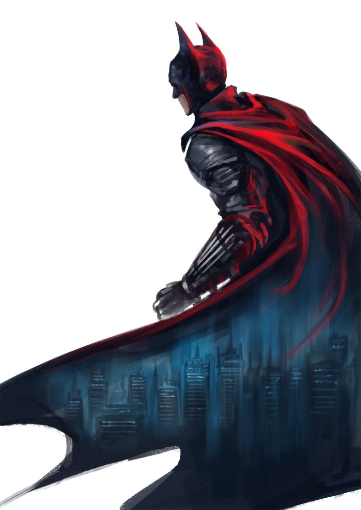 Illustration of Batman against a white backdrop. He is facing away, lit by red light against his back. His cape swirls around him and you can see the silhouette cityscape of Gotham inside it. 