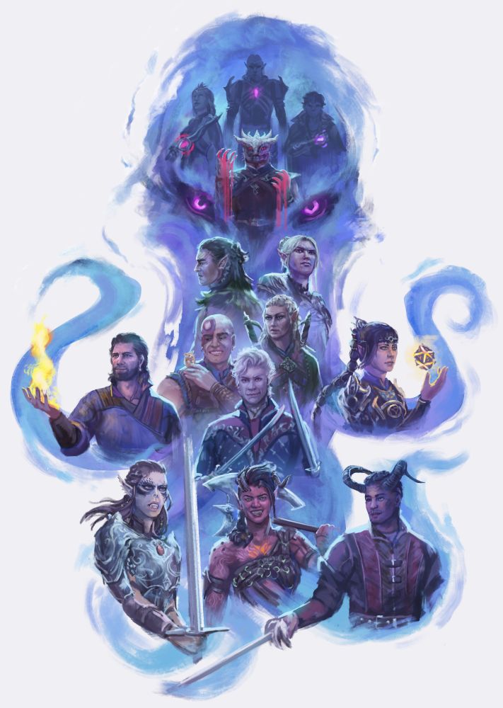 A digital illustration depicting various characters from the game Baldur's Gate 3. Behind them is the purple and blue shape of the head of the Emperor, a mindflayer with glowing purple eyes and long tentacles. 