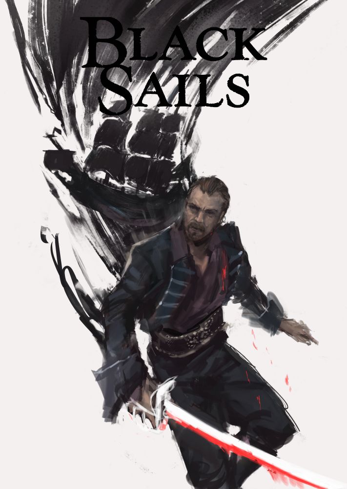 Digital artwork of Flint from the tv series Black Sails. He is mid-movement against a white backdrop and holds a sword in one hand, the shape cut out of his silhouette in only white and red. Behind him forms the shape of a ship. 