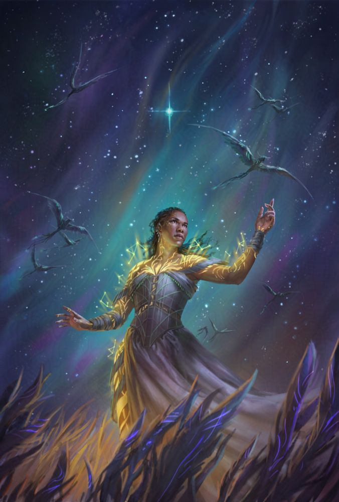 An illustration of a woman against a night sky. She looks up to the side, watching strange creatures fly above. Her skin is covered in glowing tattoos that mimic the stars above. 