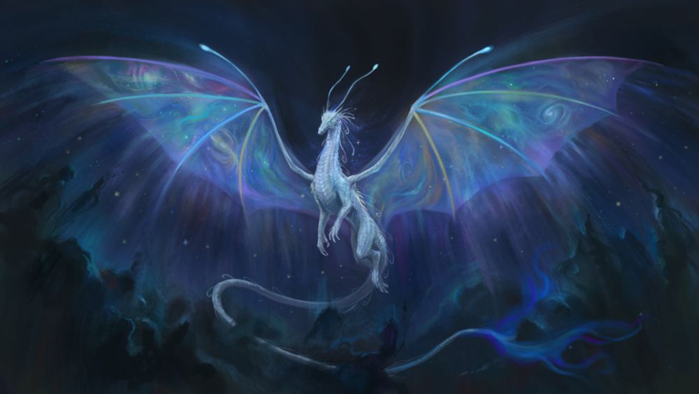 A white dragon floats in space with its wings outspread. Each wing membrane holds rainbow coloured galaxies as if it is creating the fabric of the universe itself. 