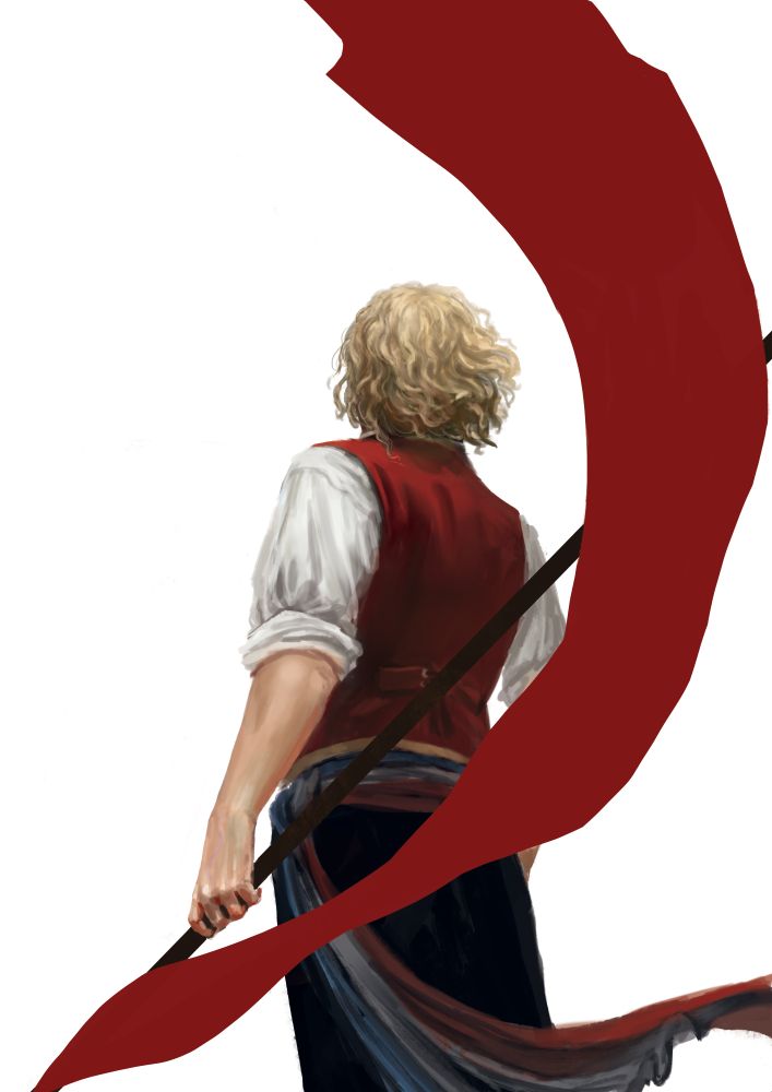 A digital illustration of Enjolras from the musical Les Misérables. He stands facing away from the viewer against a plain white backdrop. One hand holds a red flag that arcs around his body and he wears a matching red vest. 