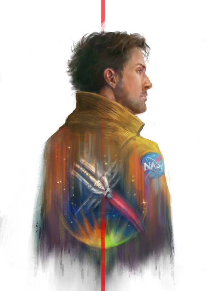 A potrait of a man from side-on as he gazes off into the distance on a plain white background. He wears a yellow jacket with a NASA logo on the arm. The image of the man dissolves as it goes down into a depiction of a spaceship against the backdrop of space, flying above yellow and green lights. 

A bright red line runs from the top of the image through to the bottom. 