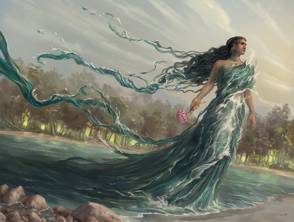 Illustration depicting a woman coming up out of a river and with a dress made of waves. In one hand she holds a lotus flower and behind her is a forest filled with lights. 