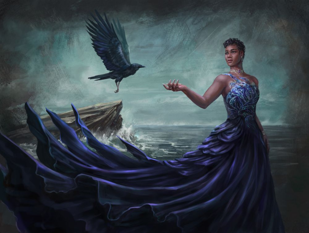 Digital artwork depicting a woman posed against a seascape backdrop. She wears a beautiful gown that has feather themed designs across the bodice. A raven flies towards her outstretched hand. 