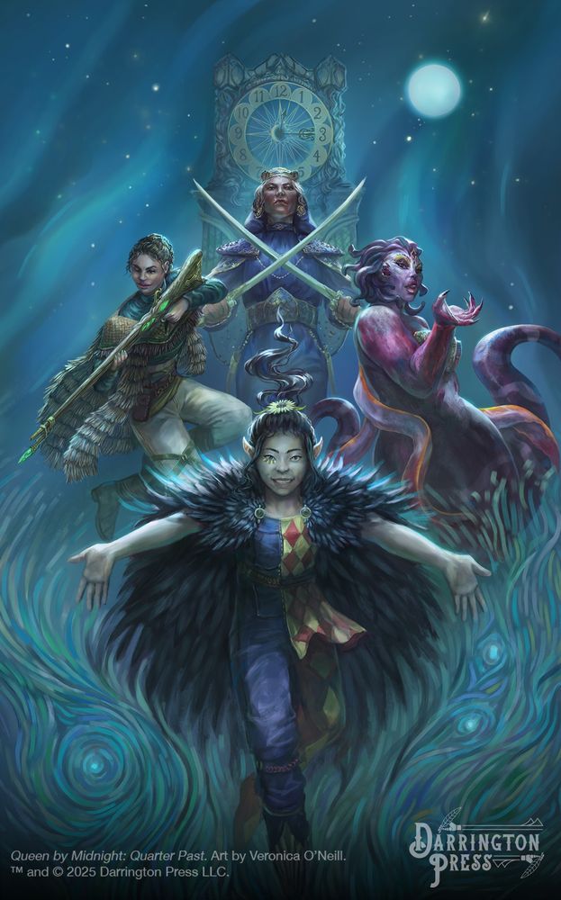 Illustration depicting the box art for "Queen by Midnight: Quarter Past", showcasing four characters against the backdrop of a night sky and a clocktower. At the front is a young girl who wears mismatched clothing. To one side is a lady who is part kraken with tentacles coming up around her. On the other side is a woman holding a sniper rifle. Behind all of them is another woman wielding two swords and wearing a crown. 