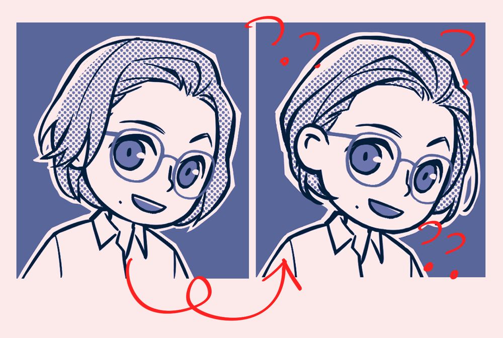 Two drawings of Luke side by side. Left one shows Luke with shoulder-length hair. Right side one has slightly shorter hair, tucked behind his ears. A red hand-drawn arrow is placed under the two drawings, starting from the left picture and pointing to the right. Red hand-drawn question marks are placed around the right drawing.