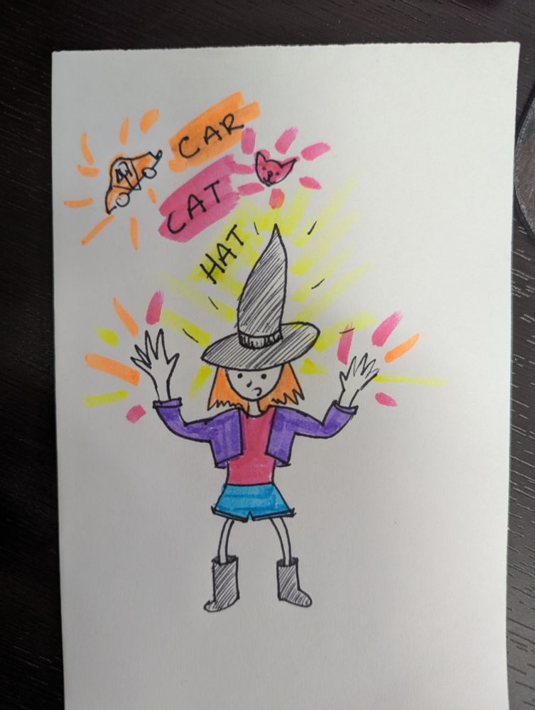 A pen and highlighter drawing of a person casting the spells "car", "cat", and "hat" with those things appearing.